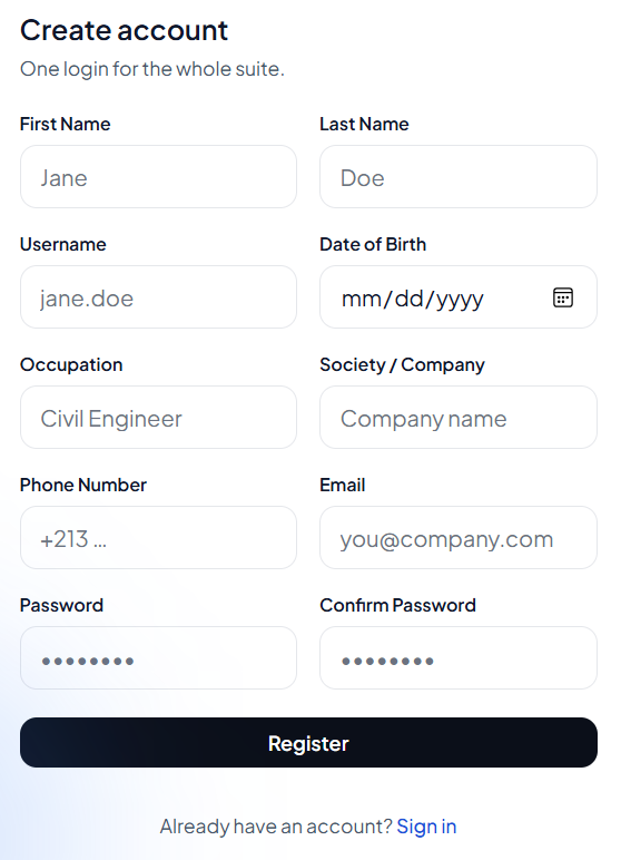 Registration form
